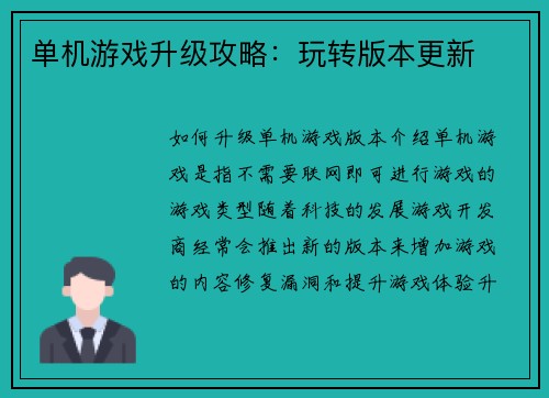 单机游戏升级攻略：玩转版本更新