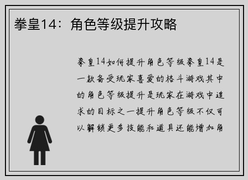 拳皇14：角色等级提升攻略